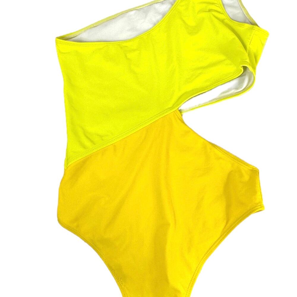 Yellow One Piece Cut Out Swimsuit One shoulder High Leg One Piece Swim Size-L